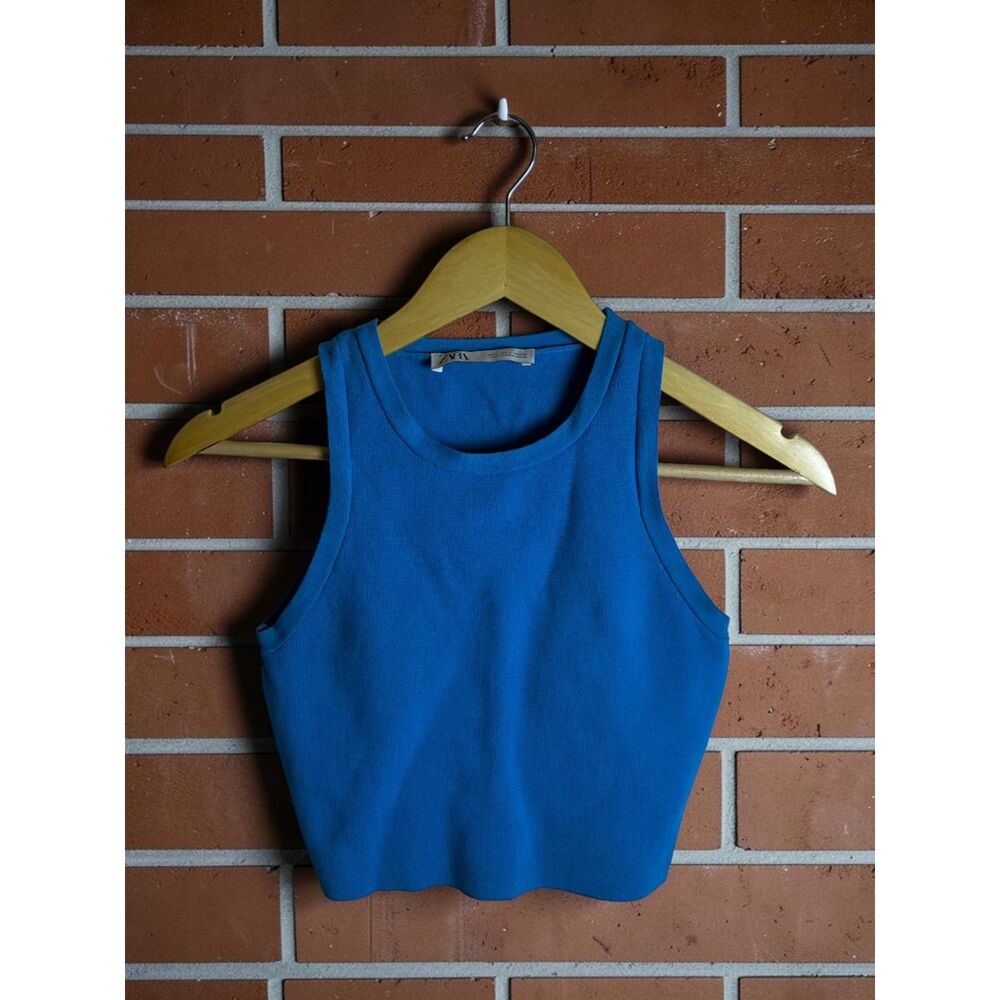Zara Knit Ribbed Cropped Tank Top Women's Small Blue Sleeveless Stretch